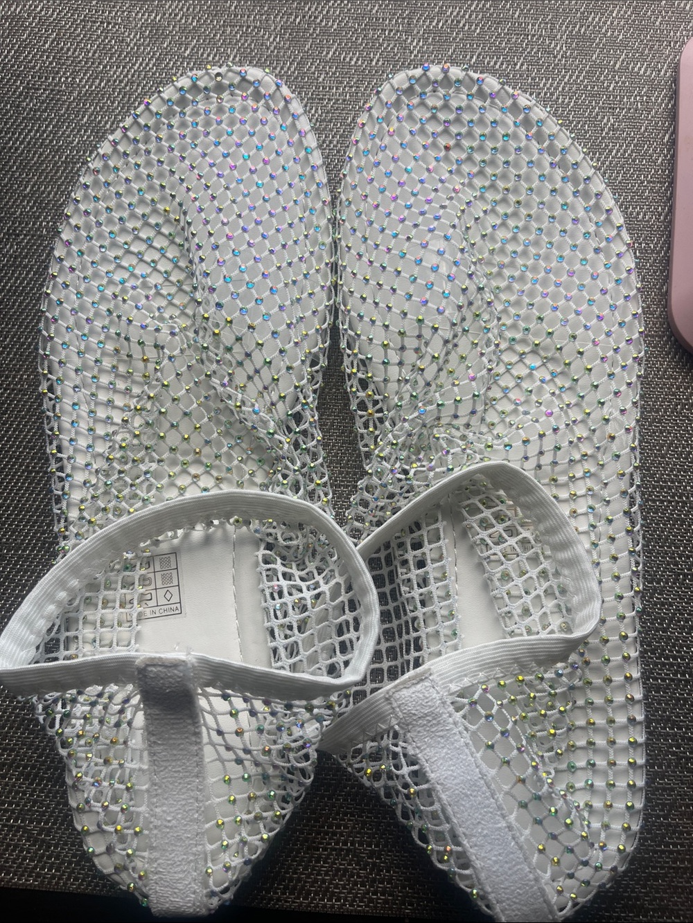 Women’s White Mesh Rhinestone Flat Sandals